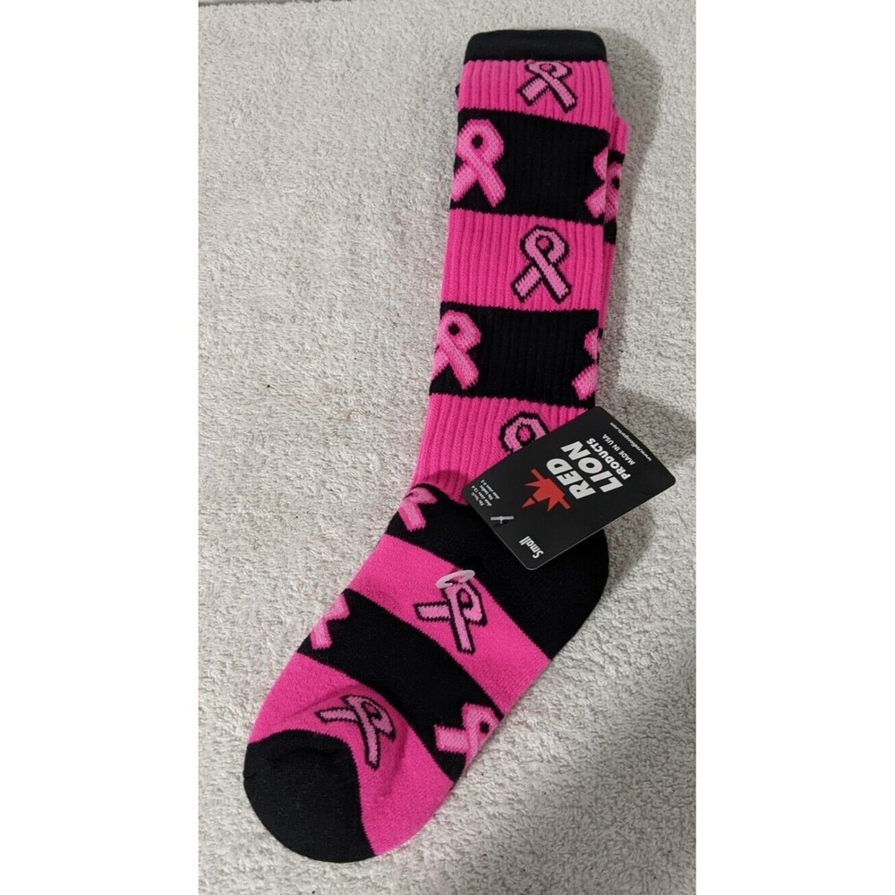 NWT Red Lion Ribbon Rugby Socks Breast Cancer Knee High Black Pink Sz Small